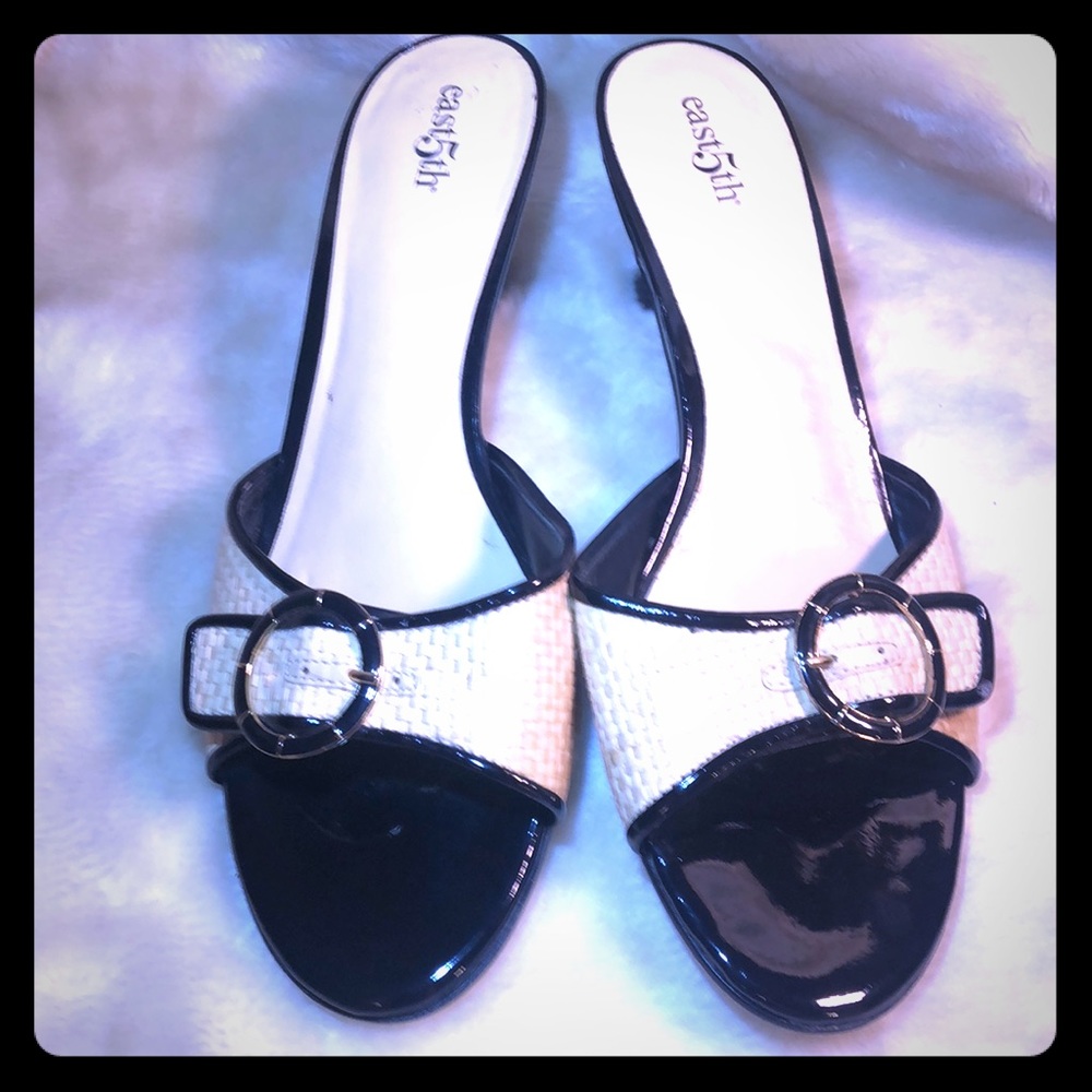 Bamboo and black buckled slip on kitten heels